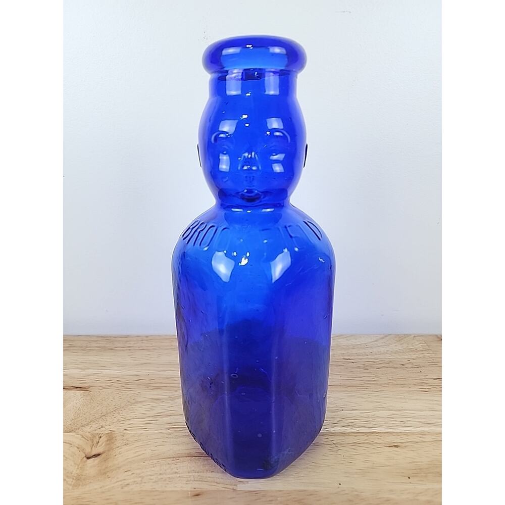 Vintage Cobalt Blue Baby Top BROOKFIELD Baby Face - Quart Milk Bottle